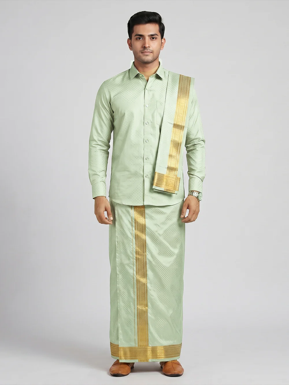 Men Art Silk Jacquard Shirt Dhoti & Towel Set Marine Green Swayamvara Grand MGJD1